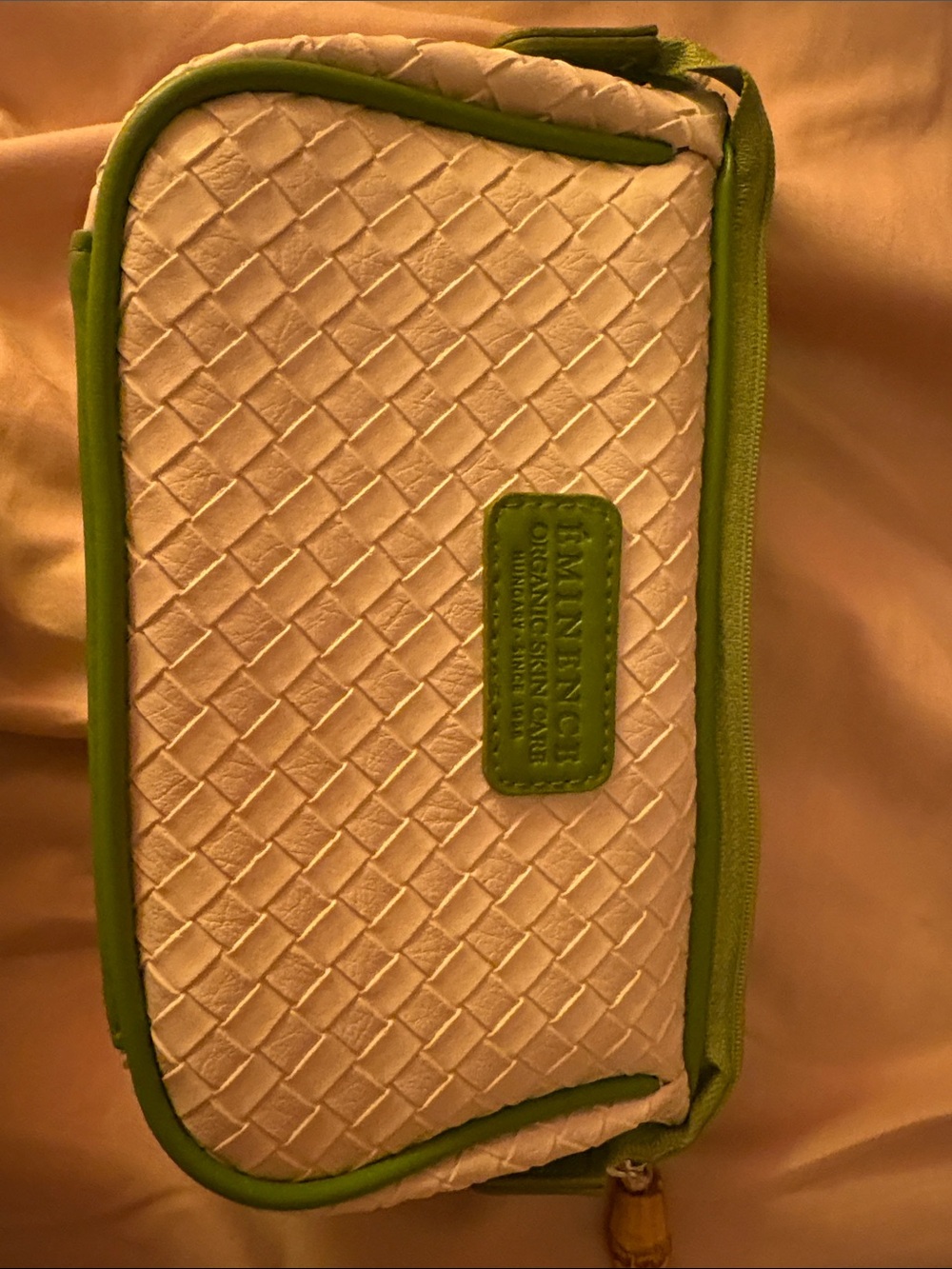Cream Woven Cosmetic Pouch with Green Trim - Unbranded